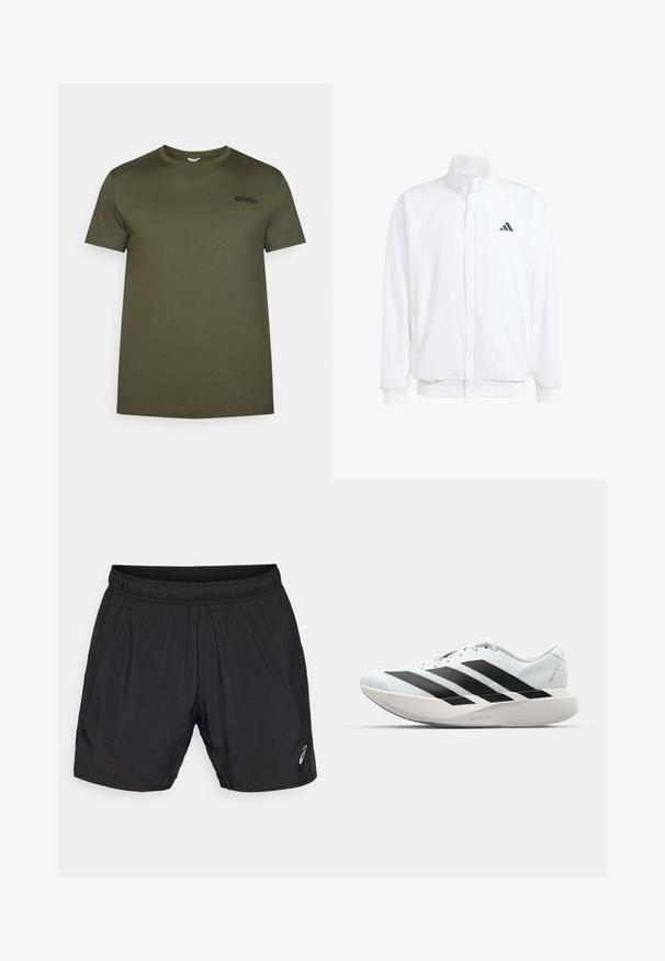 Bílá lehká bunda s stojatým límcem, předním zipem, bočními kapsami a černým logem Adidas na levé hrudi. Měkká textura.; Olivově zelené bavlněné tričko s kulatým výstřihem, krátkými rukávy a decentní černou výšivkou slova "BORG" na hrudi.; Černé sportovní šortky vyrobené z lehkého materiálu, s elastickým pasem a malým logem v dolním levém rohu.; Lehké běžecké boty v světle modré barvě s černými pruhy. Mají hladký svršek, kulatou špičku a silnou bílou mezipodešev označenou "LIGHTSTRIKE PRO."