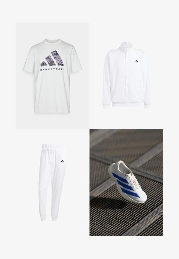 Balts viegls jaciņš ar stāvo apkakli, priekšējo rāvējslēdzēju, sānu kabatām un melnu Adidas logo kreisajā krūtī. Mīksta tekstūra.; Balts kokvilnas T-krekls ar īsām piedurknēm, ar purpura un melnu grafiku, kas attēlo trīs svītras un vārdu "BASKETBALL".; Baltas sporta bikses, kas izgatavotas no gludas auduma, ar elastīgu jostu un pieguļošiem uzmavām, ar melnu logotipu aizmugurējā kabatā.; Baltas sporta apavi ar ziliem svītrām, viegla konstrukcija, acs augšdaļa, saites aizdare un teksturēta gumijas zole, kas peld pāri režģa virsmai.