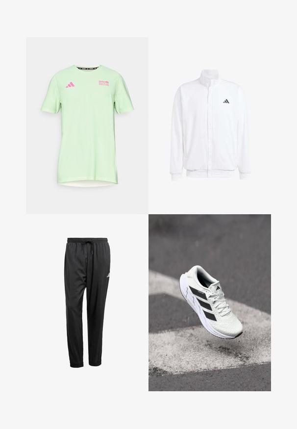 Bijela lagana jakna s visokim ovratnikom, prednjim zatvaračem, bočnim džepovima i crnim Adidas logom na lijevoj sisi. Mekana tekstura.; adidas Performance BER25 TEE - Sportska majica - semi green spark; Crne atletske hlače s elastičnim pojasom, vezicom, manžetama na gležnjevima i malim bijelim logom na desnom bedru.; Bjela atletska cipela s mrežastim gornjim dijelom s teksturom, crnim prugama, vezanjem na vezice i podstavljenim potplatom, lebdi iznad označene ceste.