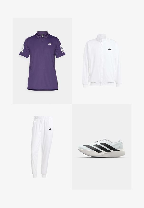 Valge kerge jakk, millel on seisev krae, ees lukuga kinnitus, küljetaskud ja must Adidas logo vasakul rinnal. Pehme tekstuur.; Lilla polo särk, millel on sile kangas, kolme nupuga krae, valge Adidas logo rinnal ja kolm vertikaalset triipu varrukatel.; Valged sportpüksid, mis on valmistatud siledast kangast, omavad elastset vöökohta ja kitsaid mansette, tagakoti peal on must logo.; Kerged jooksujalatsid helesinises värvuses mustade triipudega. Omavad siledat pealispinda, ümarat varvase osa ja paksu valget vahemõõtu, millel on silt "LIGHTSTRIKE PRO".