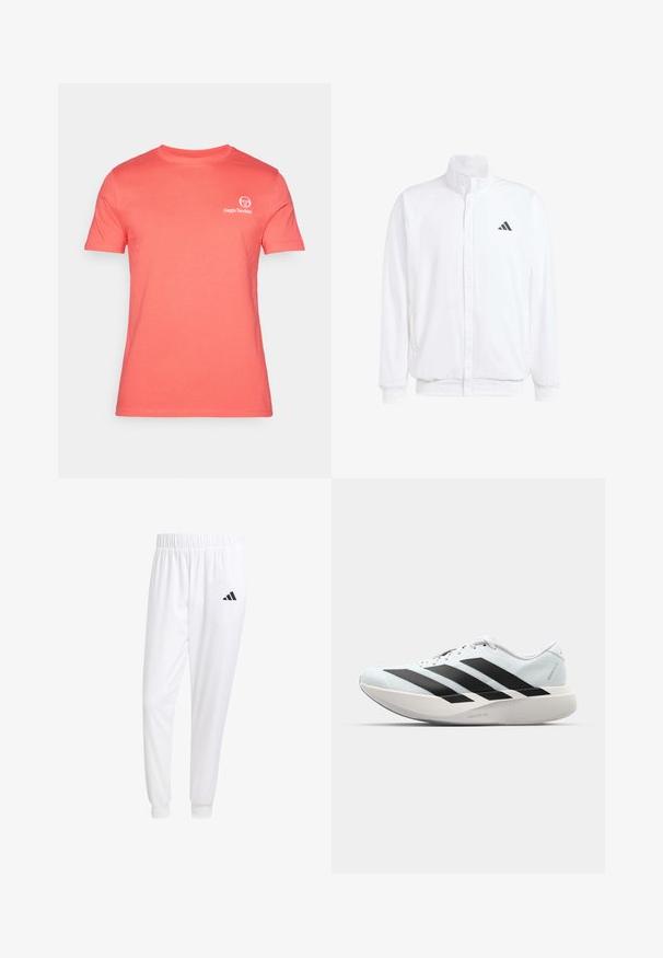 Balts viegls jaciņš ar stāvo apkakli, priekšējo rāvējslēdzēju, sānu kabatām un melnu Adidas logo kreisajā krūtī. Mīksta tekstūra.; Koralā krāsas īsām piedurknēm T-kreks, kas izgatavots no kokvilnas. Tam ir apaļa kakla izgriezums un neliels balts logo uz krūtīm. Gluda tekstūra, standarta piegriezums.; Baltas sporta bikses, kas izgatavotas no gludas auduma, ar elastīgu jostu un pieguļošiem uzmavām, ar melnu logotipu aizmugurējā kabatā.; Gaiši zili vieglie skriešanas apavi ar melniem svītrainiem. Iezīmēti ar gludu augšpusi, apaļu purngalu un biezāko balto vidējo zoli, kurā ir uzraksts "LIGHTSTRIKE PRO."