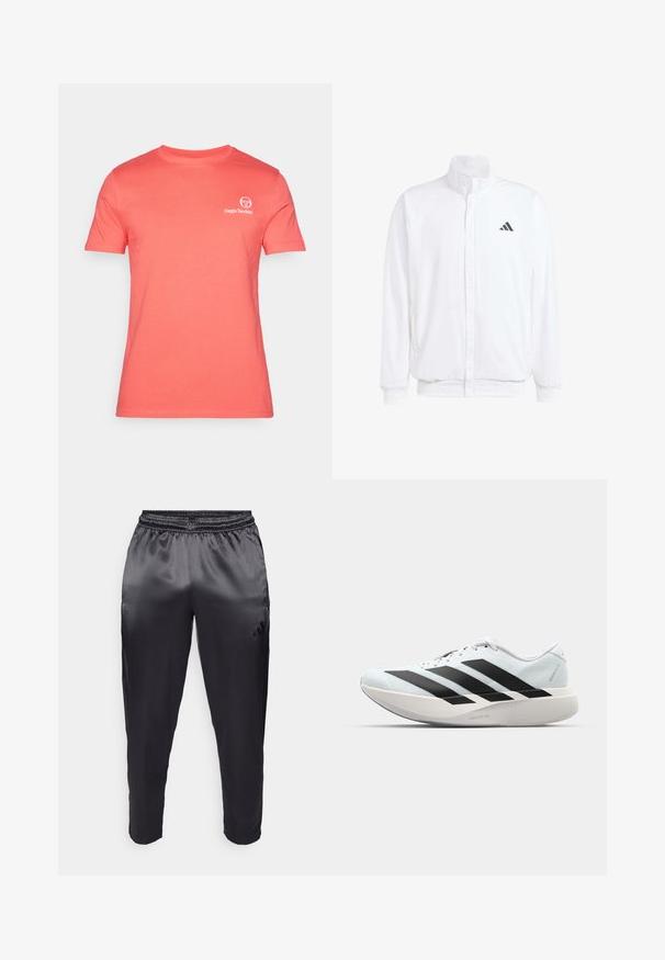 Bílá lehká bunda s stojatým límcem, předním zipem, bočními kapsami a černým logem Adidas na levé hrudi. Měkká textura.; Korálové tričko s krátkým rukávem vyrobené z bavlny. Má kulatý výstřih a malé bílé logo na hrudi. Hladká textura, standardní střih.; Černé sportovní kalhoty z hladké, lehké látky s elastickým pasem. Obsahují malé logo na levé straně a zúžené nohavice.; Lehké běžecké boty v světle modré barvě s černými pruhy. Mají hladký svršek, kulatou špičku a silnou bílou mezipodešev označenou "LIGHTSTRIKE PRO."