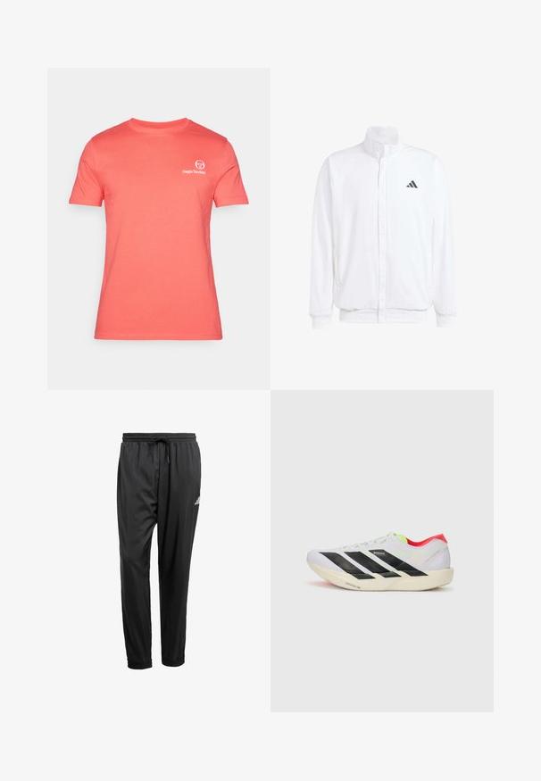 Hvid letvægtsjakke med en ståkrave, frontlynlås, sidelommer og et sort Adidas-logo på venstre bryst. Blød tekstur.; Koralfarvet kortærmet t-shirt lavet af bomuld. Har en rund halsudskæring og et lille hvidt logo på brystet. Glat tekstur, normal pasform.; Sorte træningsbukser med elastisk talje, snøre, opkrøllede ankler og et lille hvidt logo på højre lår.; Hvid løbesko med sorte striber, neon grønne detaljer og en rød hæl. Har et let design og en struktureret sål for bedre greb.