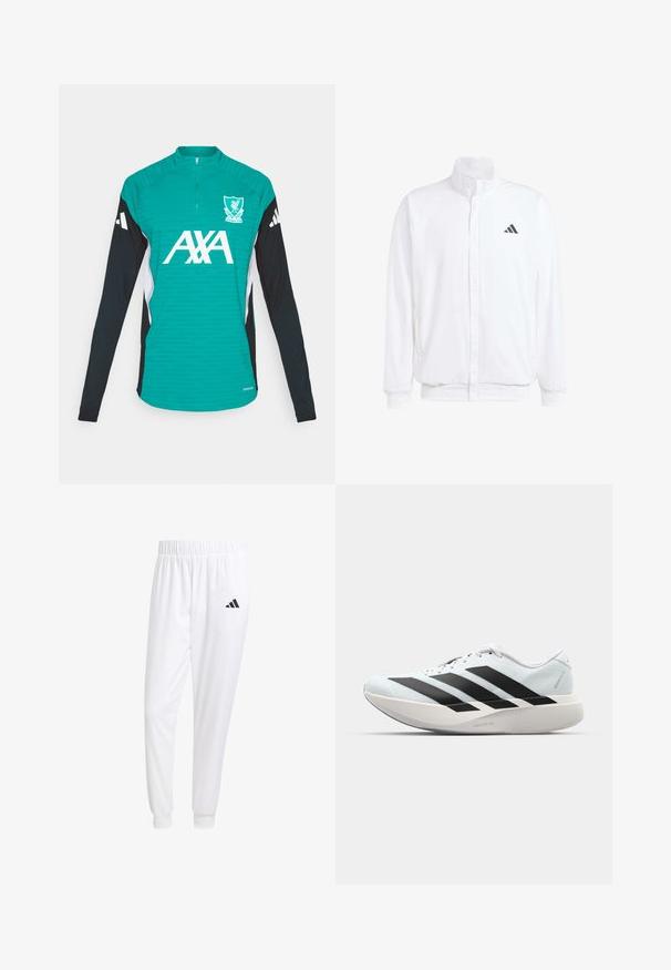 Balta lengva striukė su stovinčiu apykaklės, priekyje užtrauktuku, šoninėmis kišenėmis ir juodu Adidas logotipu kairėje krūtinės pusėje. Minkšta tekstūra.; adidas Performance LIVERPOOL FC 25/26 EUROPEAN PRO TRAINING TOP - Sporto klubų atributika - sea green; Balti sportiniai keliaraiščiai, pagaminti iš lygios medžiagos, su elastinga liemene ir priglundančiais rankogaliais, ant galinio kišenės yra juodas logotipas.; Lengvi bėgimo batai šviesiai mėlynos spalvos su juodomis juostelėmis. Yra lygus viršus, apvalus pirštas ir storas baltas vidpadis su užrašu "LIGHTSTRIKE PRO."