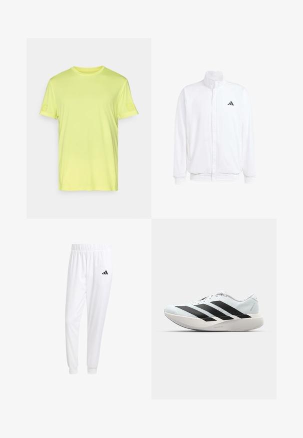 Chaqueta ligera blanca con cuello alzado, cierre frontal con cremallera, bolsillos laterales y un logo negro de Adidas en el lado izquierdo del pecho. Textura suave.; Camiseta amarilla brillante de manga corta, con un tejido texturizado. Incluye un sutil logo en la manga izquierda. Diseño clásico de cuello redondo.; Pantalones deportivos blancos de tela suave, con cinturilla elástica y puños ajustados, y un logo negro en el bolsillo trasero.; Zapatillas de running ligeras en azul pálido con rayas negras. Presentan una parte superior suave, puntera redonda y una gruesa mediasuela blanca etiquetada como "LIGHTSTRIKE PRO".