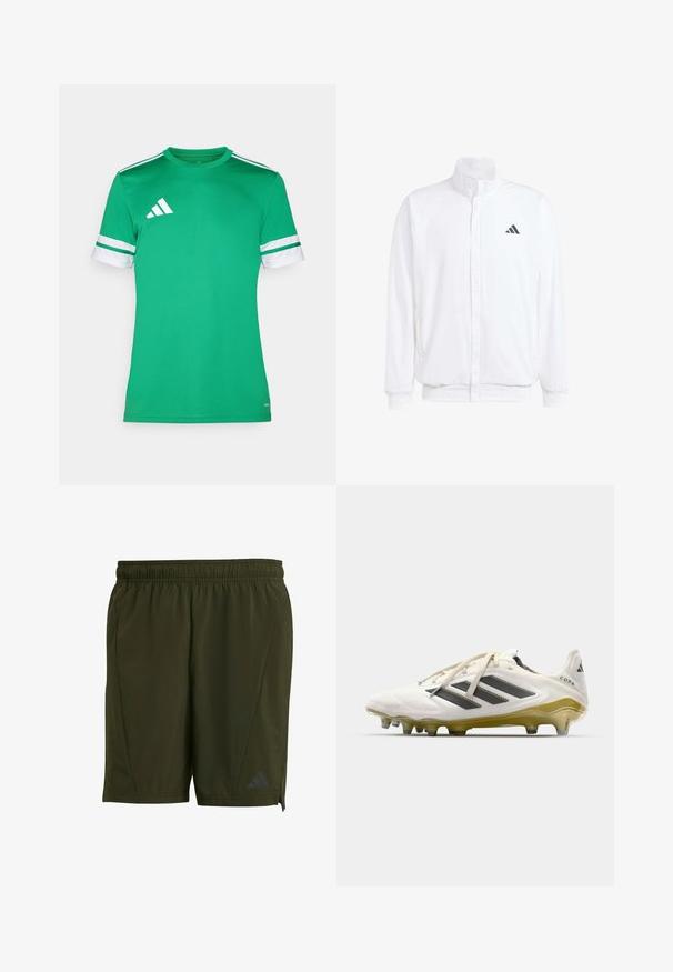 Casaco leve branco com colarinho alto, fecho frontal com zipper, bolsos laterais e um logótipo preto da Adidas no peito esquerdo. Textura suave.; Camisola atlética verde feita de tecido suave, com riscas brancas nas mangas e um logótipo triângulo branco no canto superior esquerdo.; adidas Performance D4T WORKOUT - Calções desportivos - night cargo; Chuteira de futebol branca com detalhes em preto, apresentando um design texturizado, fecho com atacadores, solado amarelo e múltiplos cravos para tração.