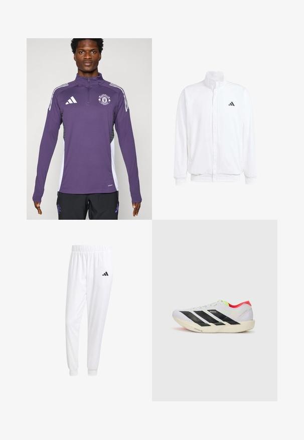 Bela lahka jakna s stojčnim ovratnikom, sprednjim zadrgo, stranskimi žepi in črnimi Adidasovimi logotipi na levem prsnem delu. Mehak material.; Ljubičasta športna jakna z zadrgo pri ovratniku, z belimi črtami na ramalih in logotipom Manchester United. Narejena iz gladkega, lahkega materiala.; Bele atletske hlače iz gladkega materiala, z elastičnim pasom in prilagojenimi manšetami, na zadnjem žepu pa je črna logo.; Bela športna obutev z črnimi črtami, neonsko zelenimi poudarki in rdečo peto. Ima lahko zasnovo in teksturiran podplat za dober oprijem.