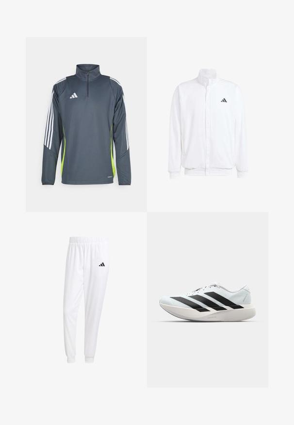 Weiße leichte Jacke mit Stehkragen, durchgehendem Reißverschluss, seitlichen Taschen und schwarzem Adidas-Logo auf der linken Brust. Weicher Stoff.; Dunkelgrauer sportlicher Pullover mit Viertelreißverschluss, weißen Streifen auf den Schultern und einem leuchtend grünen Seitenpanel. Hergestellt aus einem glatten, atmungsaktiven Stoff.; Weiße Sporthose aus glattem Stoff, mit einem elastischen Bund und enganliegenden Bündchen, mit einem schwarzen Logo auf der Gesäßtasche.; Leichte Laufschuhe in hellblau mit schwarzen Streifen. Sie verfügen über ein glattes Obermaterial, eine runde Zehenpartie und eine dicke weiße Zwischensohle, die mit "LIGHTSTRIKE PRO" beschriftet ist.
