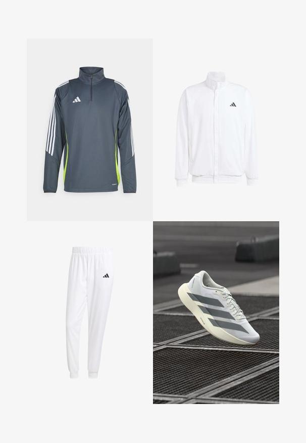 Hvid letvægtsjakke med en ståkrave, frontlynlås, sidelommer og et sort Adidas-logo på venstre bryst. Blød tekstur.; Mørkegrå atletisk pullover med kvart lynlås, hvide striber på skuldrene og et lyst grønt sidelæg. Lavet af et glat, åndbart stof.; Hvide sportsbukser lavet af glat stof, med elastisk talje og tætsiddende manchetter, og med et sort logo på baglommen.; Hvid sportssko med et struktureret mesh-overmateriale, der har grå striber og en polstret sål. Letvægtsdesign, der er velegnet til løb.