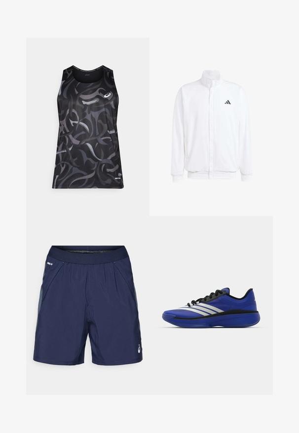 Jachetă albă ușoară, cu guler în picioare, închidere cu fermoar în față, buzunare laterale și un logo Adidas negru pe pieptul stâng. Textură moale.; Top sportiv negru, cu modele gri și întunecate în spirală. Are un guler rotund și un logo mic în partea stângă a frontului. Textură netedă.; Pantaloni scurți atletici de culoare bleumarin, cu talie elastică, buzunare laterale și accente de un gri deschis. Fabricati dintr-un material ușor și neted pentru confort.; adidas Performance ADIZERO SELECT 3.0 - Ghete baschet - lucid blue/core black/metallic