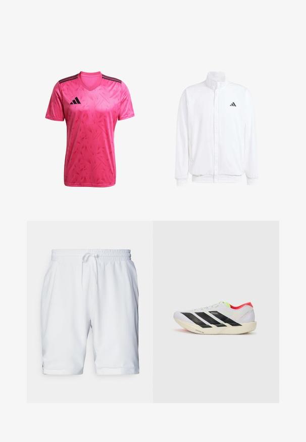 Weiße leichte Jacke mit Stehkragen, durchgehendem Reißverschluss, seitlichen Taschen und schwarzem Adidas-Logo auf der linken Brust. Weicher Stoff.; Rosa Sportshirt mit V-Ausschnitt, kurzen Ärmeln und einem geometrischen Muster. Enthält schwarze Streifen und ein Logo auf der linken Brustseite.; Weiße Sportshorts mit elastischem Bund und verstellbarem Kordelzug. Glatter Stoff mit subtiler Textur, ausgestattet mit Seitentaschen.; Weißer Sportschuh mit schwarzen Streifen, neongrünen Akzenten und einer roten Ferse. Hat ein leichtes Design und eine strukturierte Sohle für besseren Grip.