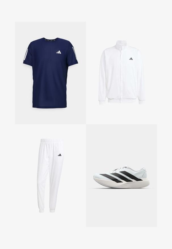 Chaqueta ligera blanca con cuello alzado, cierre frontal con cremallera, bolsillos laterales y un logo negro de Adidas en el lado izquierdo del pecho. Textura suave.; Camiseta deportiva de color azul marino hecha de tejido transpirable, con mangas cortas, cuello redondo y un logotipo blanco en el lado izquierdo del pecho y en las mangas.; Pantalones deportivos blancos de tela suave, con cinturilla elástica y puños ajustados, y un logo negro en el bolsillo trasero.; Zapatillas de running ligeras en azul pálido con rayas negras. Presentan una parte superior suave, puntera redonda y una gruesa mediasuela blanca etiquetada como "LIGHTSTRIKE PRO".