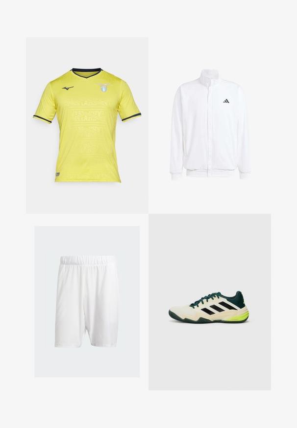 Fehér, könnyű dzseki, álló gallérral, elülső cipzáros záródással, oldalsó zsebekkel és fekete Adidas logóval a bal mellen. Puha tapintású.; Sárga, rövid ujjú focimez, V-kivágással, diszkrét mintázattal és sötétkék kiegészítőkkel. Az SS Lazio logója a bal mellkason.; Fehér sportnadrág könnyű anyagból, rugalmas derékkal, sima felülettel és térd alatti szabással.; Tejszínből készült tornacucc, fekete csíkkal, zöld részletekkel és struktúrált gumitalppal a tapadás érdekében. Szintetikus anyagokból készült.