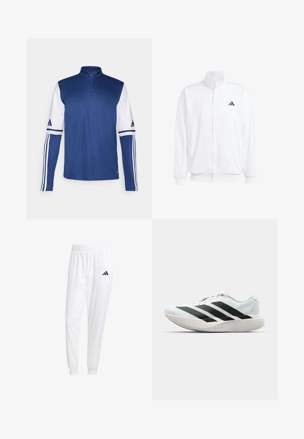 Giacca leggera bianca con colletto alto, chiusura frontale con zip, tasche laterali e logo Adidas nero sul lato sinistro del petto. Texture morbida.; Pullover atletico blu con colletto a zip a quarto, maniche lunghe bianche con dettagli in blu navy e tre strisce bianche su ciascuna manica.; Pantaloni sportivi bianchi realizzati in tessuto liscio, con una vita elasticizzata e polsini aderenti, dotati di un logo nero sulla tasca posteriore.; Scarpe da corsa leggere di colore azzurro pallido con strisce nere. Presentano una tomaia liscia, punta rotonda e un'ampia intersuola bianca etichettata "LIGHTSTRIKE PRO."