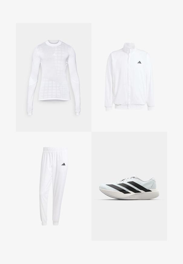 Vit lättviktsjacka med ståkrage, framdragkedja, sidofickor och en svart Adidas-logotyp på vänster bröst. Mjuk textur.; Långärmad träningsskjorta i vitt, med ett rutmönster och texturerade accenter. Tillverkad av mjukt, elastiskt tyg med en figurnära design.; Vita atletiska byxor gjorda av slät tyg, med resårmidja och åtsittande manschetter, samt en svart logotyp på bakfickan.; Lätta löparskor i ljusblått med svarta ränder. Har en slät ovandel, rund tå och tjock vit mellansula märkt "LIGHTSTRIKE PRO."