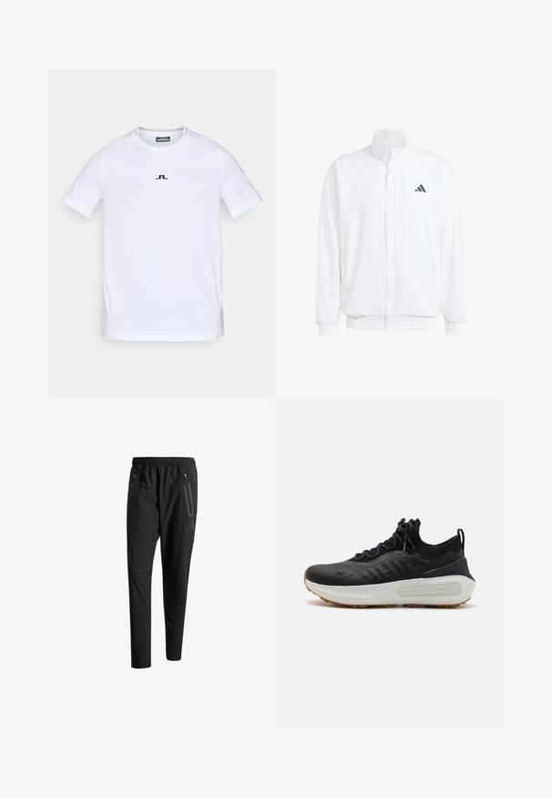 Balts viegls jaciņš ar stāvo apkakli, priekšējo rāvējslēdzēju, sānu kabatām un melnu Adidas logo kreisajā krūtī. Mīksta tekstūra.; Balts īsās piedurknēs sporta krekls, kas izgatavots no vieglas šķiedras. Iezīmētas ar smalku melnu logotipu uz krūtīm un ergonomisku šuvju dizainu ērtībai.; Melni sporta bikses ar elastīgu vidukli, divām kabatām ar rāvējslēdzējiem sānos, sašaurinātām kājām un diskrētu logo detaļu uz gurniem.; Melni sporta apavi ar teksturētu augšdaļu, zeķes tipa apkakli, pelēkiem šņorēm un baltu vidusdaļu ar rakstainu dizainu un gumijas zoli.