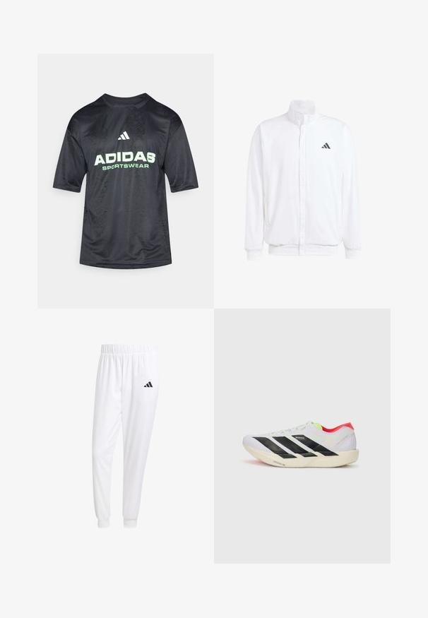 Bela lahka jakna s stojčnim ovratnikom, sprednjim zadrgo, stranskimi žepi in črnimi Adidasovimi logotipi na levem prsnem delu. Mehak material.; Črna športna majica s kratkimi rokavi z embosiranim vzorcem, ki ima velik zeleni logotip "ADIDAS" in spodaj besedilo "SPORTSWEAR".; Bele atletske hlače iz gladkega materiala, z elastičnim pasom in prilagojenimi manšetami, na zadnjem žepu pa je črna logo.; Bela športna obutev z črnimi črtami, neonsko zelenimi poudarki in rdečo peto. Ima lahko zasnovo in teksturiran podplat za dober oprijem.