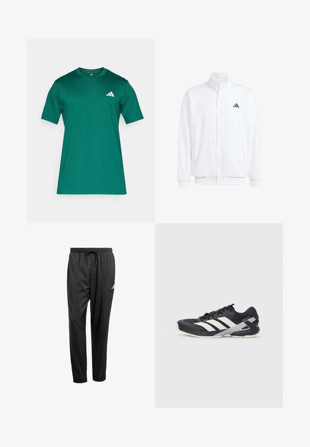 Vit lättviktsjacka med ståkrage, framdragkedja, sidofickor och en svart Adidas-logotyp på vänster bröst. Mjuk textur.; Grön bomullströja med korta ärmar, rund halsringning och vitt Adidas-logotyp på vänster bröst. Slät textur och normal passform.; Svarta träningbyxor med elastisk midja, dragsko, muddar vid anklarna och en liten vit logotyp på höger lår.; Svart atletisk sko med vita ränder, mesh-övre, rund tå och dämpad sula. Har en strukturerad häl och ett säkert snörningssystem.