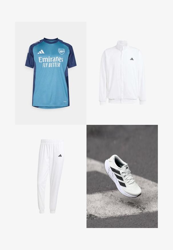Valge kerge jakk, millel on seisev krae, ees lukuga kinnitus, küljetaskud ja must Adidas logo vasakul rinnal. Pehme tekstuur.; Esmärgija särk tealikus ja tumesiniseks, valmistatud hingavast kangast. Omab "Emirates" ja "Arsenal" logosid, lühikesi varrukaid ning kontrastseid õlavarre aktsente.; Valged sportpüksid, mis on valmistatud siledast kangast, omavad elastset vöökohta ja kitsaid mansette, tagakoti peal on must logo.; Valge spordijalats tekstuurse võrgu pealmise osaga, mustade triipudega, nööriga kinnitamine ja pehmendatud tallaga, levib märgitud teepinna kohal.