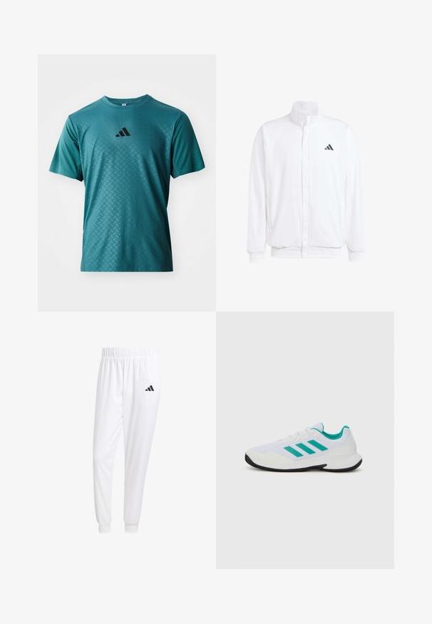 Bela lahka jakna s stojčnim ovratnikom, sprednjim zadrgo, stranskimi žepi in črnimi Adidasovimi logotipi na levem prsnem delu. Mehak material.; adidas Performance POWER TEE - Športne majice - preloved teal; Bele atletske hlače iz gladkega materiala, z elastičnim pasom in prilagojenimi manšetami, na zadnjem žepu pa je črna logo.; Bela športna copata s turkiznimi poudarki, mrežna zgornjost, tri vzporedne črte na strani, strukturiran petni del in črn gumijast podplat.