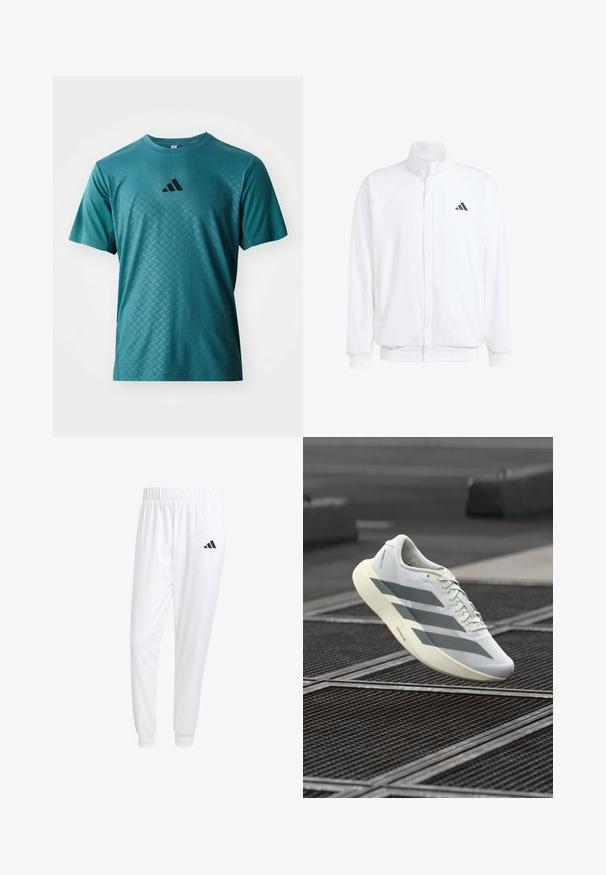 Witte lichtgewicht jas met een staande kraag, voorzijde met rits, zijzakken en een zwart Adidas-logo op de linkerborst. Zachte textuur.; adidas Performance POWER TEE - Sport T-shirt - preloved teal; Witte sportbroek van gladde stof, met een elastische tailleband en smalle taillebanden, voorzien van een zwart logo op de achterzak.; Witte sportieve schoen met een bovenwerk van gestructureerd mesh, voorzien van grijze strepen en een dempende zool. Lichtgewicht ontwerp, geschikt om mee te hardlopen.