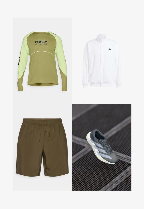Weiße leichte Jacke mit Stehkragen, durchgehendem Reißverschluss, seitlichen Taschen und schwarzem Adidas-Logo auf der linken Brust. Weicher Stoff.; Oakley MAVEN SCRUB - Langarmshirt - fern; Olivgrüne Sportshorts mit elastischem Bund, glatter Textur und seitlichen Einschubtaschen. Mit kleinem Logo an der Seite.; Sportsschuh in Grau und Weiß, aus synthetischem Material gefertigt, mit einem schlanken Design, strukturiertem Finish und ausgeprägtem Schnürsystem.