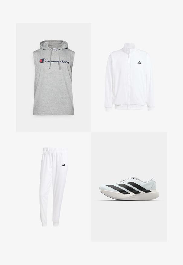 Hvid letvægtsjakke med en ståkrave, frontlynlås, sidelommer og et sort Adidas-logo på venstre bryst. Blød tekstur.; Ærmeløs hættetrøje i lys grå bomuldsblanding med et stort marineblåt "Champion" logo på fronten og snørelukninger.; Hvide sportsbukser lavet af glat stof, med elastisk talje og tætsiddende manchetter, og med et sort logo på baglommen.; Letvægtige løbesko i lys blå med sorte striber. Har en glat overdel, rund tå og tyk hvid mellemsål mærket "LIGHTSTRIKE PRO."