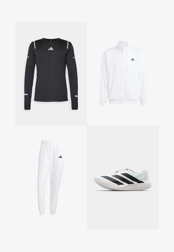 Bijela lagana jakna s visokim ovratnikom, prednjim zatvaračem, bočnim džepovima i crnim Adidas logom na lijevoj sisi. Mekana tekstura.; Majica dugih rukava za sport u crnoj tkanini, s reflektivnim srebrnim detaljima na ramenima i rukavima, okrugli izrez s laganom teksturom.; Bijele atletske hlače od glatkog materijala, sa elastičnom vrpcom u struku i pripijenim manžetama, sa crnim logom na stražnjem džepu.; Lagane tenisice za trčanje u svijetloplavoj boji s crnim trakama. Imaju glatku gornju površinu, okrugli vrh i debeli bijeli srednji sloj označen "LIGHTSTRIKE PRO."