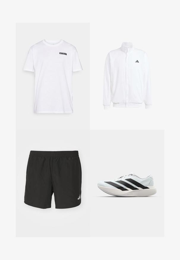 Bílá lehká bunda s stojatým límcem, předním zipem, bočními kapsami a černým logem Adidas na levé hrudi. Měkká textura.; Bílý bavlněný tričko s krátkými rukávy, kulatým výstřihem a malou černobílou nášivkou na levé straně hrudi.; Černé sportovní šortky s elastickým pasem, bočními rozparky a reflexními akcenty loga. Vyrobené z lehkého a hladkého materiálu.; Lehké běžecké boty v světle modré barvě s černými pruhy. Mají hladký svršek, kulatou špičku a silnou bílou mezipodešev označenou "LIGHTSTRIKE PRO."