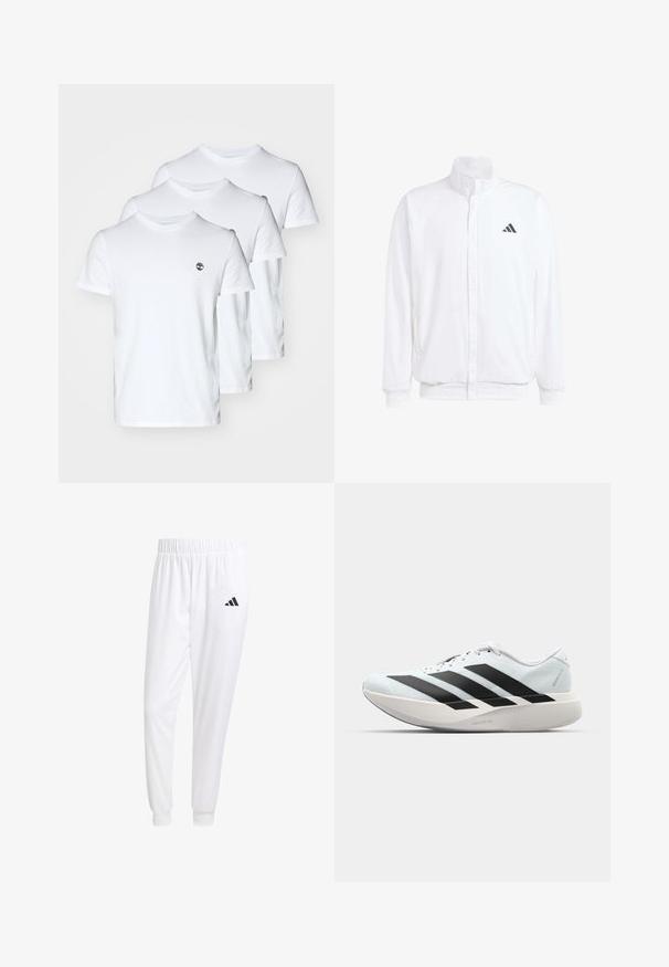 White lightweight jacket featuring a stand collar, front zipper closure, side pockets, and a black Adidas logo on the left chest. Soft texture.; Three white cotton T-shirts with crew necks, featuring a small logo on the left chest. Smooth texture; regular fit.; White athletic pants made of smooth fabric, featuring an elastic waistband and fitted cuffs, with a black logo on the back pocket.; Lightweight running shoes in pale blue with black stripes. Features a smooth upper, round toe, and thick white midsole labeled "LIGHTSTRIKE PRO."