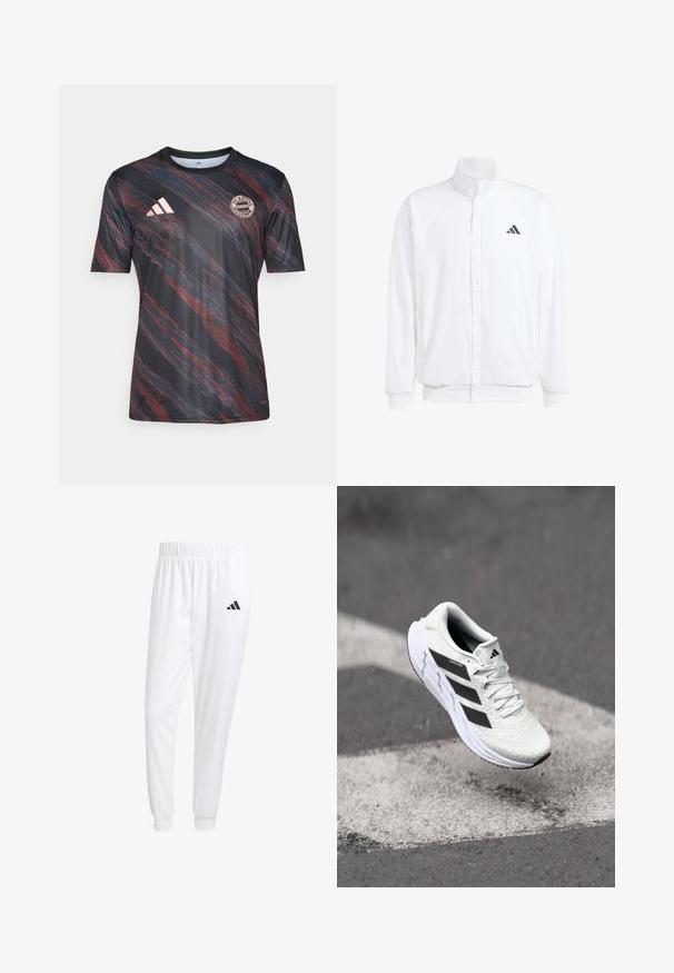 Witte lichtgewicht jas met een staande kraag, voorzijde met rits, zijzakken en een zwart Adidas-logo op de linkerborst. Zachte textuur.; Zwart-rood gestreepte t-shirt met korte mouwen en ronde hals, met het Adidas-logo en het Bayern München-embleem op de borst.; Witte sportbroek van gladde stof, met een elastische tailleband en smalle taillebanden, voorzien van een zwart logo op de achterzak.; Witte sportschoen met een textuur van mesh, zwarte strepen, vetersluiting en een gevoerde zool, zwevend boven een gemarkeerd wegoppervlak.