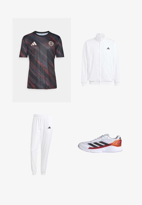 Vit lättviktsjacka med ståkrage, framdragkedja, sidofickor och en svart Adidas-logotyp på vänster bröst. Mjuk textur.; Svart och röd randig kortärmad tröja med rundad hals, med Adidas-logotypen och Bayern Münchens emblem på bröstet.; Vita atletiska byxor gjorda av slät tyg, med resårmidja och åtsittande manschetter, samt en svart logotyp på bakfickan.; Vitt sportskor med svarta ränder, texturerad mesh-överdel, en röd och orange hälaccent och en vit gummisula.