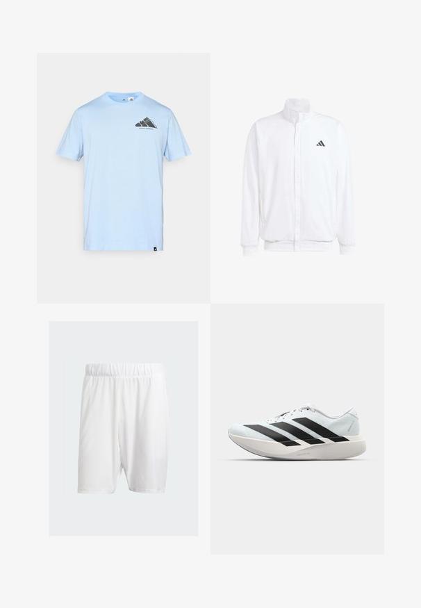 Chaqueta ligera blanca con cuello alzado, cierre frontal con cremallera, bolsillos laterales y un logo negro de Adidas en el lado izquierdo del pecho. Textura suave.; adidas Performance Camiseta deportiva - glow blue; Pantalones cortos deportivos blancos hechos de una tela ligera, con una cinturilla elástica, textura suave y corte a la altura de la rodilla.; Zapatillas de running ligeras en azul pálido con rayas negras. Presentan una parte superior suave, puntera redonda y una gruesa mediasuela blanca etiquetada como "LIGHTSTRIKE PRO".