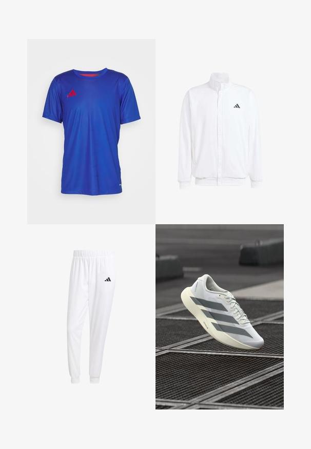Casaco leve branco com colarinho alto, fecho frontal com zipper, bolsos laterais e um logótipo preto da Adidas no peito esquerdo. Textura suave.; T-shirt atlético azul feito de tecido leve. Apresenta mangas curtas, decote redondo e um logotipo vermelho na área do lado esquerdo do peito.; Calças esportivas brancas feitas de tecido suave, com uma cintura elástica e punhos ajustados, apresentando um logo preto no bolso de trás.; Sapatilha desportiva branca com parte superior em malha texturizada, apresentando riscas cinzentas e sola acolchoada. Design leve adequado para corrida.