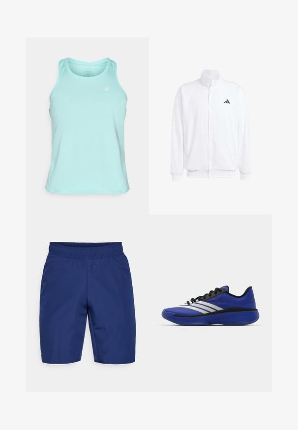 Balts viegls jaciņš ar stāvo apkakli, priekšējo rāvējslēdzēju, sānu kabatām un melnu Adidas logo kreisajā krūtī. Mīksta tekstūra.; Gaišs tirkīza krāsas sporta tanka, izgatavota no gludas, elpojošas auduma. Iespējas ietver izgriezumu ar ovālu kakla līniju un logotipa akcentu kreisajā krūtī.; Jūras zilas sporta bikses no teksturētas auduma, ar elastīgu josta un mazu logotipa akcentu sānos.; adidas Performance ADIZERO SELECT 3.0 - Basketbola apavi - lucid blue/core black/metallic