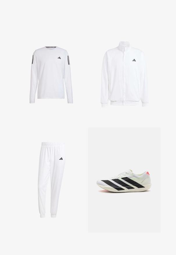 Chaqueta ligera blanca con cuello alzado, cierre frontal con cremallera, bolsillos laterales y un logo negro de Adidas en el lado izquierdo del pecho. Textura suave.; adidas Performance Camiseta de manga larga - white; Pantalones deportivos blancos de tela suave, con cinturilla elástica y puños ajustados, y un logo negro en el bolsillo trasero.; Zapatilla deportiva blanca con rayas diagonales negras, material de malla liviana, acentos verdes y una lengüeta en rojo; cuenta con un diseño elegante y alargado.