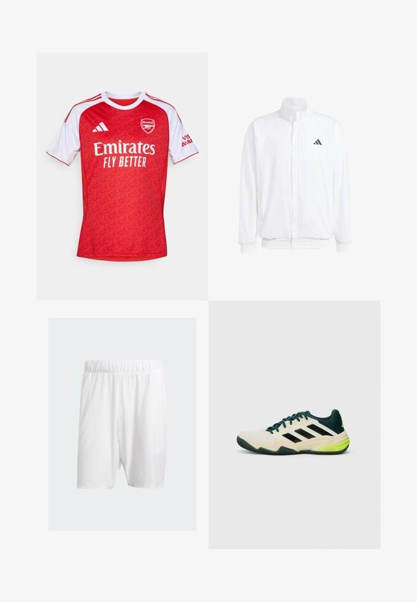 Veste légère blanche avec col montant, fermeture éclair sur le devant, poches latérales, et un logo Adidas noir sur la poitrine gauche. Texture douce.; Maillot de football rouge avec des accents blancs, présentant un motif géométrique, un col rond et le logo d'Arsenal, ainsi que la marque "Emirates Fly Better".; Shorts de sport blancs en tissu léger, dotés d'une taille élastique, d'une texture lisse et d'une coupe mi-genoux.; Baskets de tennis avec une tige crème, des rayures noires, des accents verts et une semelle en caoutchouc texturée pour l'adhérence. Construites en matériaux synthétiques.