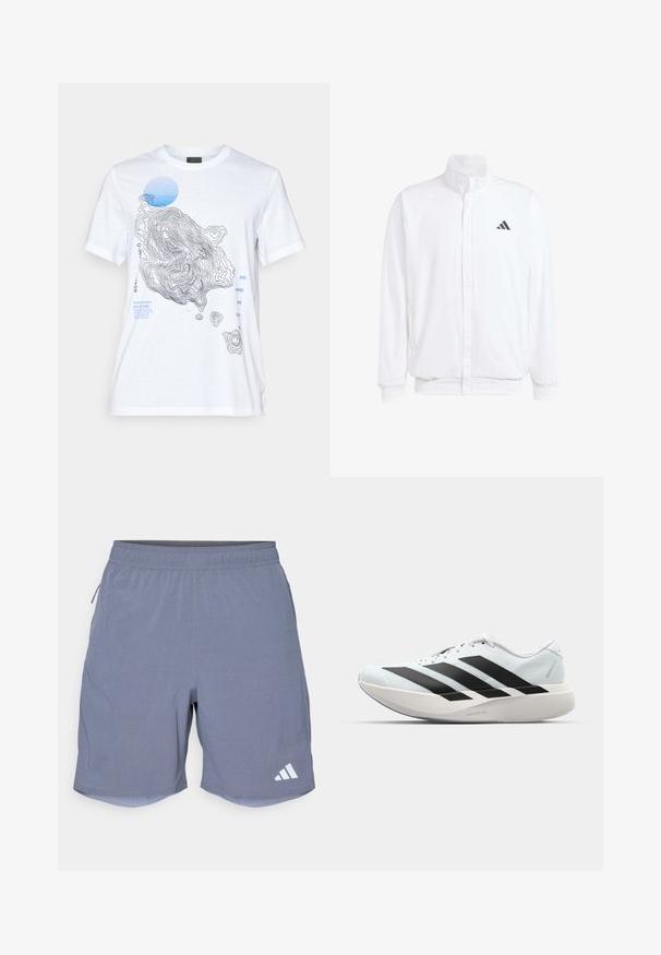 Hvid letvægtsjakke med en ståkrave, frontlynlås, sidelommer og et sort Adidas-logo på venstre bryst. Blød tekstur.; Hvid bomulds t-shirt med et topografisk kortdesign i sort og blå, med tekstelementer og en rund blå accent. Korte ærmer.; adidas Performance Korte sportsbukser - onix; Letvægtige løbesko i lys blå med sorte striber. Har en glat overdel, rund tå og tyk hvid mellemsål mærket "LIGHTSTRIKE PRO."
