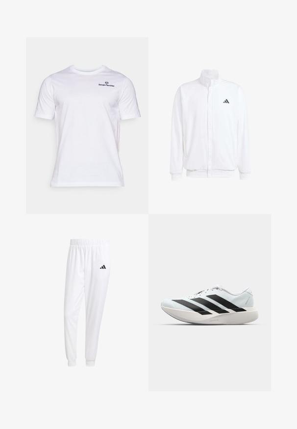 Balts viegls jaciņš ar stāvo apkakli, priekšējo rāvējslēdzēju, sānu kabatām un melnu Adidas logo kreisajā krūtī. Mīksta tekstūra.; Bals buks cimdi T-krekls ar īsām piedurknēm, apaļu kakla nogriezumu un mazu zilu logotipu uz kreisā krūtīm. Gluda tekstūra, etiķete redzama iekšpusē.; Baltas sporta bikses, kas izgatavotas no gludas auduma, ar elastīgu jostu un pieguļošiem uzmavām, ar melnu logotipu aizmugurējā kabatā.; Gaiši zili vieglie skriešanas apavi ar melniem svītrainiem. Iezīmēti ar gludu augšpusi, apaļu purngalu un biezāko balto vidējo zoli, kurā ir uzraksts "LIGHTSTRIKE PRO."