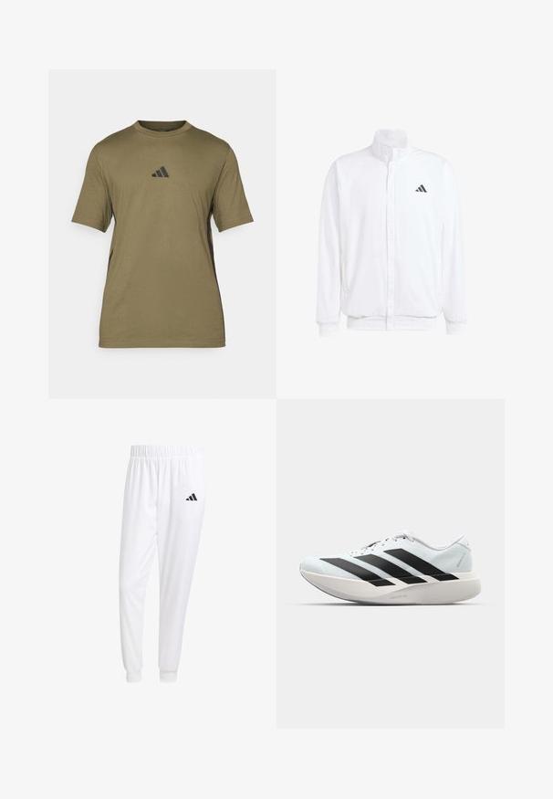 Casaco leve branco com colarinho alto, fecho frontal com zipper, bolsos laterais e um logótipo preto da Adidas no peito esquerdo. Textura suave.; T-shirt de manga curta verde-azeitona, feita de material suave, com um logo preto da Adidas no peito e detalhes pretos nas laterais.; Calças esportivas brancas feitas de tecido suave, com uma cintura elástica e punhos ajustados, apresentando um logo preto no bolso de trás.; Tênis de corrida leves em azul pálido com riscas pretas. Apresentam um cabedal liso, bico redondo e uma entressola espessa branca rotulada como "LIGHTSTRIKE PRO."