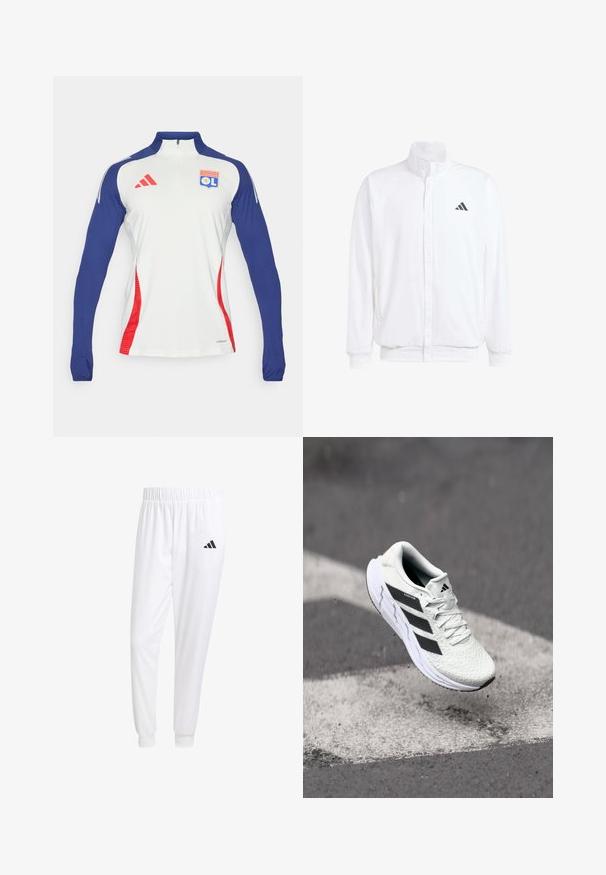 Bijela lagana jakna s visokim ovratnikom, prednjim zatvaračem, bočnim džepovima i crnim Adidas logom na lijevoj sisi. Mekana tekstura.; Dug dugme, bijela atletska majica dugih rukava s tamnoplavim rukavima i crvenim detaljima. Ima ovratnik s patentnim zatvaračem i logo Olympique Lyonnais na prsima.; Bijele atletske hlače od glatkog materijala, sa elastičnom vrpcom u struku i pripijenim manžetama, sa crnim logom na stražnjem džepu.; Bjela atletska cipela s mrežastim gornjim dijelom s teksturom, crnim prugama, vezanjem na vezice i podstavljenim potplatom, lebdi iznad označene ceste.