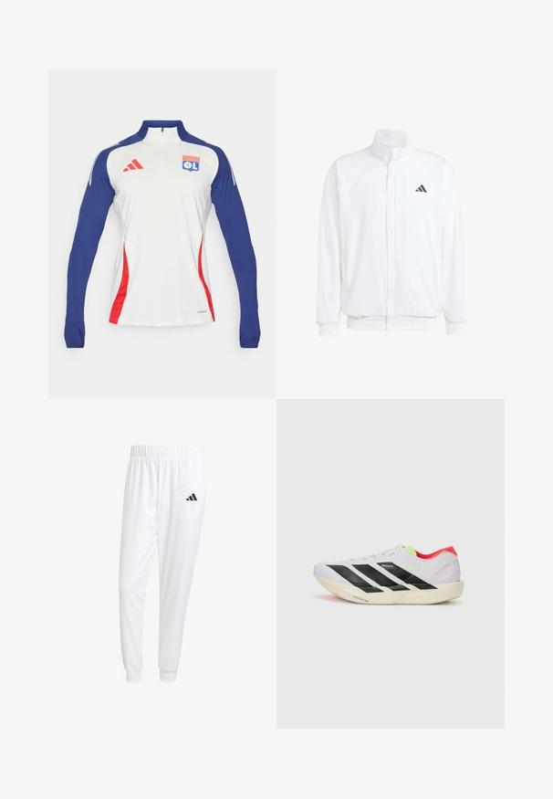 Weiße leichte Jacke mit Stehkragen, durchgehendem Reißverschluss, seitlichen Taschen und schwarzem Adidas-Logo auf der linken Brust. Weicher Stoff.; Langärmliges, weißes Sportshirt mit marineblauen Ärmeln und roten Akzenten. Verfügt über einen Reißverschlusskragen und ein Olympique Lyonnais-Logo auf der Brust.; Weiße Sporthose aus glattem Stoff, mit einem elastischen Bund und enganliegenden Bündchen, mit einem schwarzen Logo auf der Gesäßtasche.; Weißer Sportschuh mit schwarzen Streifen, neongrünen Akzenten und einer roten Ferse. Hat ein leichtes Design und eine strukturierte Sohle für besseren Grip.