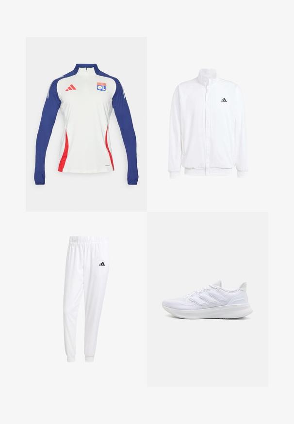 Weiße leichte Jacke mit Stehkragen, durchgehendem Reißverschluss, seitlichen Taschen und schwarzem Adidas-Logo auf der linken Brust. Weicher Stoff.; Langärmliges, weißes Sportshirt mit marineblauen Ärmeln und roten Akzenten. Verfügt über einen Reißverschlusskragen und ein Olympique Lyonnais-Logo auf der Brust.; Weiße Sporthose aus glattem Stoff, mit einem elastischen Bund und enganliegenden Bündchen, mit einem schwarzen Logo auf der Gesäßtasche.; Weiße Sportschuhe mit einem strukturierten Mesh-Obermaterial, einer stützenden gepolsterten Sohle und einem drei Streifen-Design an der Seite.
