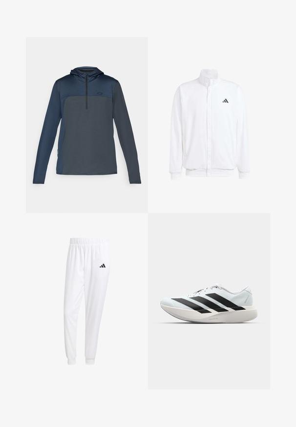 Weiße leichte Jacke mit Stehkragen, durchgehendem Reißverschluss, seitlichen Taschen und schwarzem Adidas-Logo auf der linken Brust. Weicher Stoff.; Marineblauer langärmeliger Pullover mit Kapuze, der ein Halb-Reißverschluss-Design, strukturierte Stoffe und kontrastierende Einsätze auf der oberen Brust aufweist.; Weiße Sporthose aus glattem Stoff, mit einem elastischen Bund und enganliegenden Bündchen, mit einem schwarzen Logo auf der Gesäßtasche.; Leichte Laufschuhe in hellblau mit schwarzen Streifen. Sie verfügen über ein glattes Obermaterial, eine runde Zehenpartie und eine dicke weiße Zwischensohle, die mit "LIGHTSTRIKE PRO" beschriftet ist.