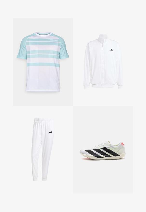 Valge kerge jakk, millel on seisev krae, ees lukuga kinnitus, küljetaskud ja must Adidas logo vasakul rinnal. Pehme tekstuur.; Valge sportlik särk helesiniste aktsentidega ja triibulise luksuslikuga. Logo "HEAD" on nähtav vasakus ülanurgas. Ümar kaelus ja lühikesed varrukad.; Valged sportpüksid, mis on valmistatud siledast kangast, omavad elastset vöökohta ja kitsaid mansette, tagakoti peal on must logo.; Valged sportlikud kingad mustade diagonaalsete triipudega, kerge võrgumaterjal, rohelised aktsendid ja punane kand; omavad sujuvat ja piklikku disaini.