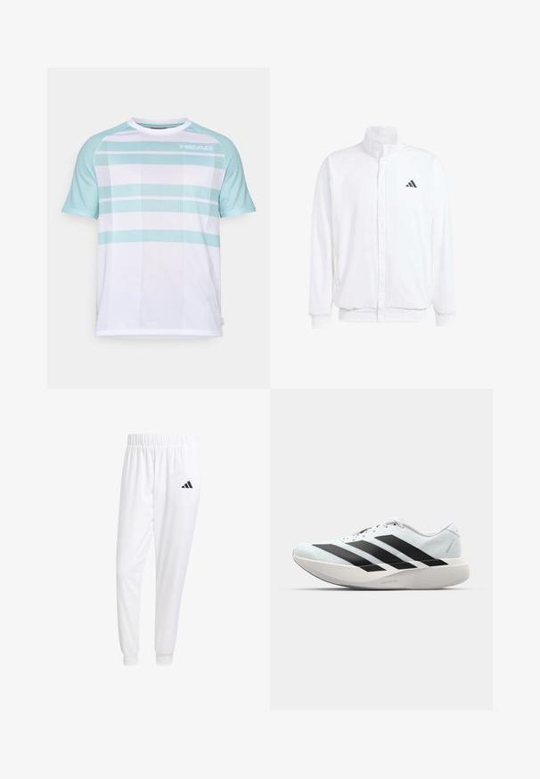 Bílá lehká bunda s stojatým límcem, předním zipem, bočními kapsami a černým logem Adidas na levé hrudi. Měkká textura.; Bílý sportovní trikota s světle modrými akcenty a pruhovanou síťovinou. Logo "HEAD" umístěné na horní levé straně. Kulatý výstřih a krátké rukávy.; Bílé sportovní kalhoty vyrobené z hladkého materiálu, s elastickým pasem a přiléhavými manžetami, s černým logem na zadní kapse.; Lehké běžecké boty v světle modré barvě s černými pruhy. Mají hladký svršek, kulatou špičku a silnou bílou mezipodešev označenou "LIGHTSTRIKE PRO."