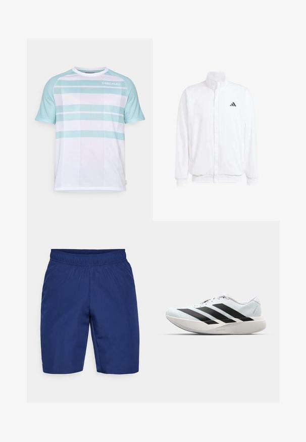 Fehér, könnyű dzseki, álló gallérral, elülső cipzáros záródással, oldalsó zsebekkel és fekete Adidas logóval a bal mellen. Puha tapintású.; Fehér sportpóló világoskék részletekkel és csíkos hálós textúrával. A "HEAD" logó a bal felső oldalon látható. Kerek nyakú és rövid ujjú.; Sötétkék sportnadrág, texturált anyagból készült, rugalmas derékkal és egy kis logóval az oldalon.; Világoskék, fekete csíkos könnyű futószerek. Simább felső résszel, kerek orral és vastag fehér középtalppal, amelyen a "LIGHTSTRIKE PRO" felirat olvasható.