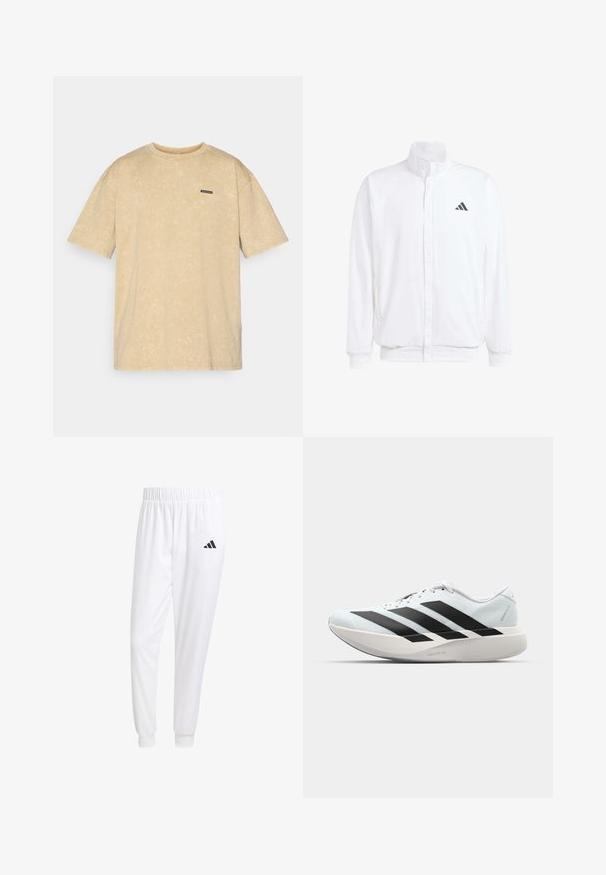 Chaqueta ligera blanca con cuello alzado, cierre frontal con cremallera, bolsillos laterales y un logo negro de Adidas en el lado izquierdo del pecho. Textura suave.; Camiseta oversize beige con una textura suave, mangas cortas y cuello redondo. Presenta una pequeña etiqueta negra en el pecho con el nombre de la marca.; Pantalones deportivos blancos de tela suave, con cinturilla elástica y puños ajustados, y un logo negro en el bolsillo trasero.; Zapatillas de running ligeras en azul pálido con rayas negras. Presentan una parte superior suave, puntera redonda y una gruesa mediasuela blanca etiquetada como "LIGHTSTRIKE PRO".