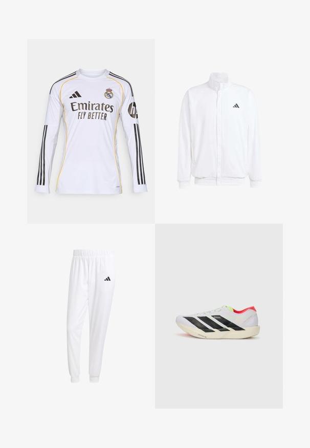Veste légère blanche avec col montant, fermeture éclair sur le devant, poches latérales, et un logo Adidas noir sur la poitrine gauche. Texture douce.; Maillot à manches longues blanc avec des accentuations noires et jaunes, portant le logo "Emirates Fly Better" et l'écusson du Real Madrid, fabriqué en matériau synthétique léger.; Pantalons de sport blancs en tissu lisse, dotés d'une taille élastique et de poignets ajustés, avec un logo noir sur la poche arrière.; Baskets de course blanches avec des rayures noires, des accents vert fluo et un talon rouge. Caractérisées par un design léger et une semelle texturée pour une meilleure adhérence.