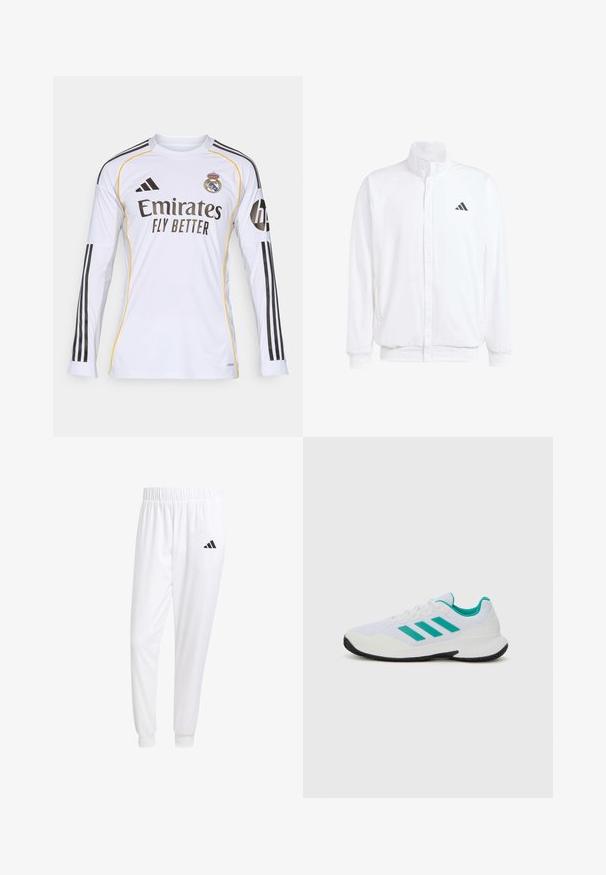 Hvid letvægtsjakke med en ståkrave, frontlynlås, sidelommer og et sort Adidas-logo på venstre bryst. Blød tekstur.; Hvid langærmet trøje med sorte og gule accenter, med "Emirates Fly Better" logoet og Real Madrid våbenskjoldet, lavet af letvægts syntetisk materiale.; Hvide sportsbukser lavet af glat stof, med elastisk talje og tætsiddende manchetter, og med et sort logo på baglommen.; Hvid træningssko med turkise accenter, mesh-overdel, tre parallelle striber på siden, struktureret hæl og en sort gummisål.
